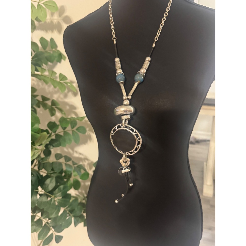 Boho Silver Tone Statement Necklace Blue Stone Bead Black Cord Y-Drop Pendant